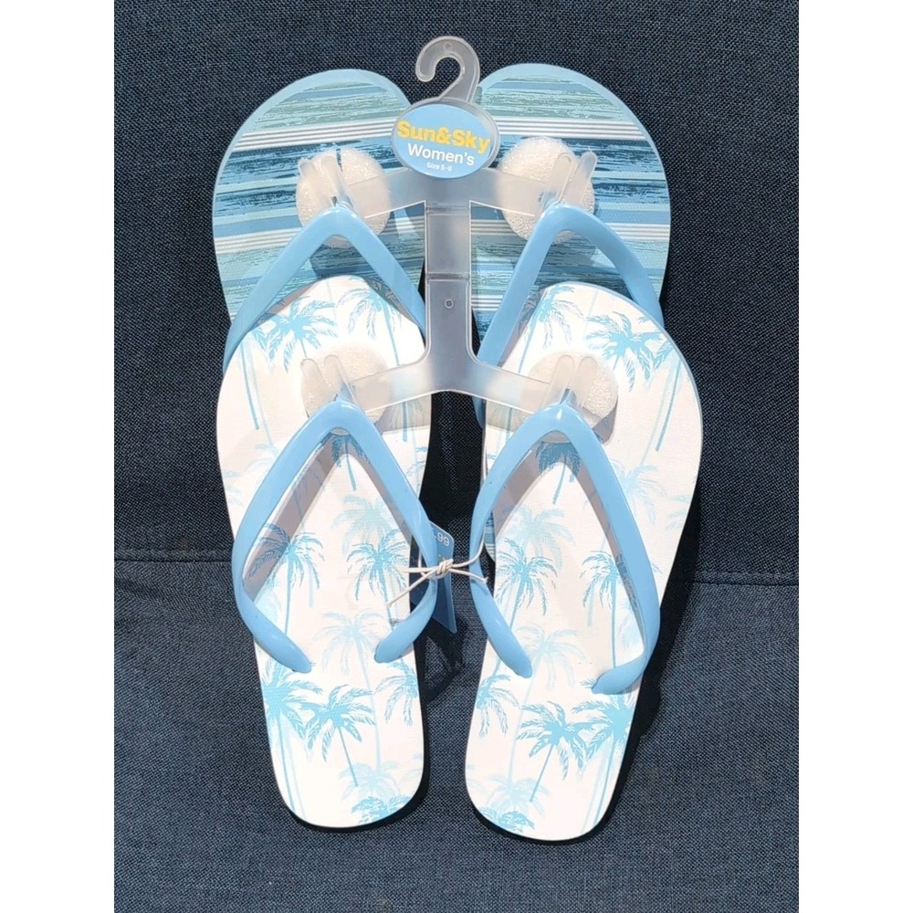 Sun & Sky blue strip and palm trees Flip Flop Sandals Zori Women's Size 9-10